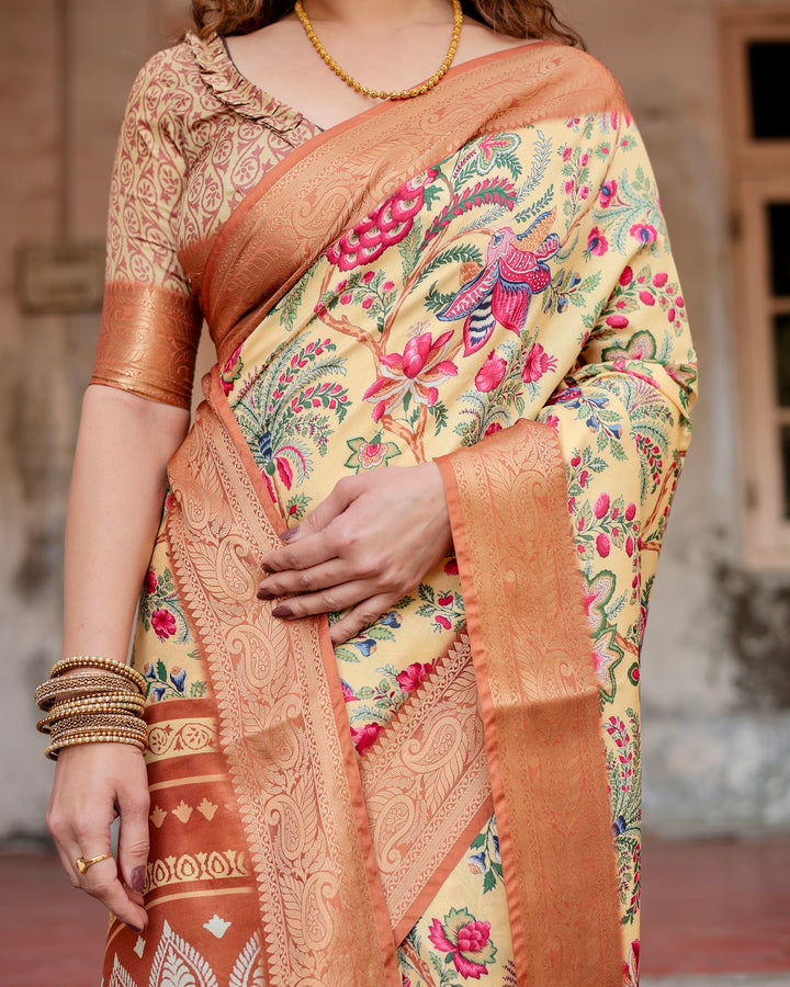 Cream Tussar Silk Saree with Floral & Bird Print, Copper Woven Border, Tassels & Attached Blouse