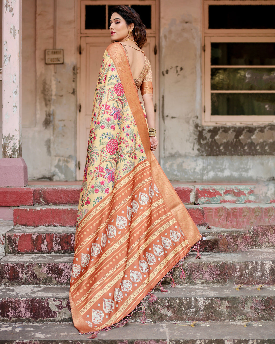 Cream Tussar Silk Saree with Floral & Bird Print, Copper Woven Border, Tassels & Attached Blouse