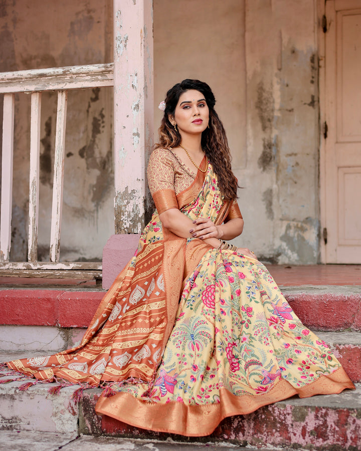 Cream Tussar Silk Saree with Floral & Bird Print, Copper Woven Border, Tassels & Attached Blouse
