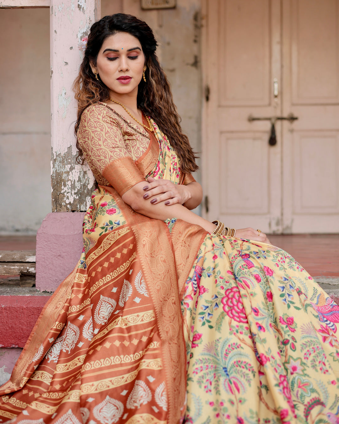 Cream Tussar Silk Saree with Floral & Bird Print, Copper Woven Border, Tassels & Attached Blouse
