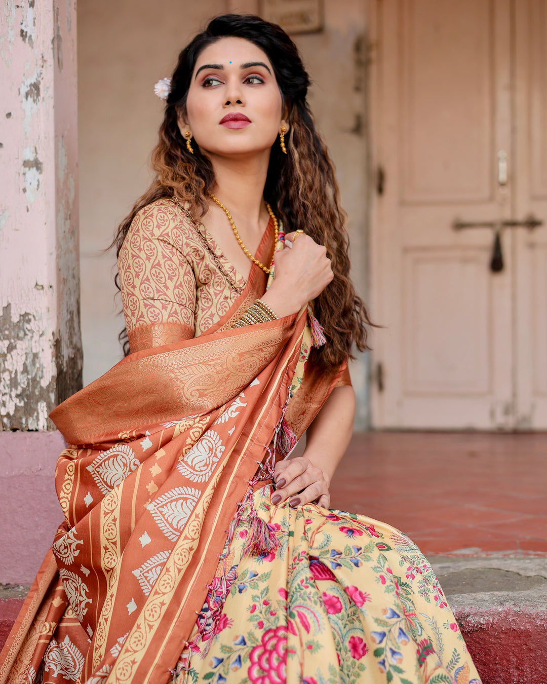 Cream Tussar Silk Saree with Floral & Bird Print, Copper Woven Border, Tassels & Attached Blouse