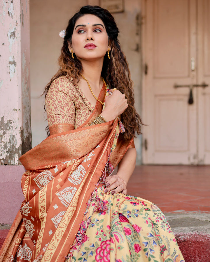 Cream Tussar Silk Saree with Floral & Bird Print, Copper Woven Border, Tassels & Attached Blouse