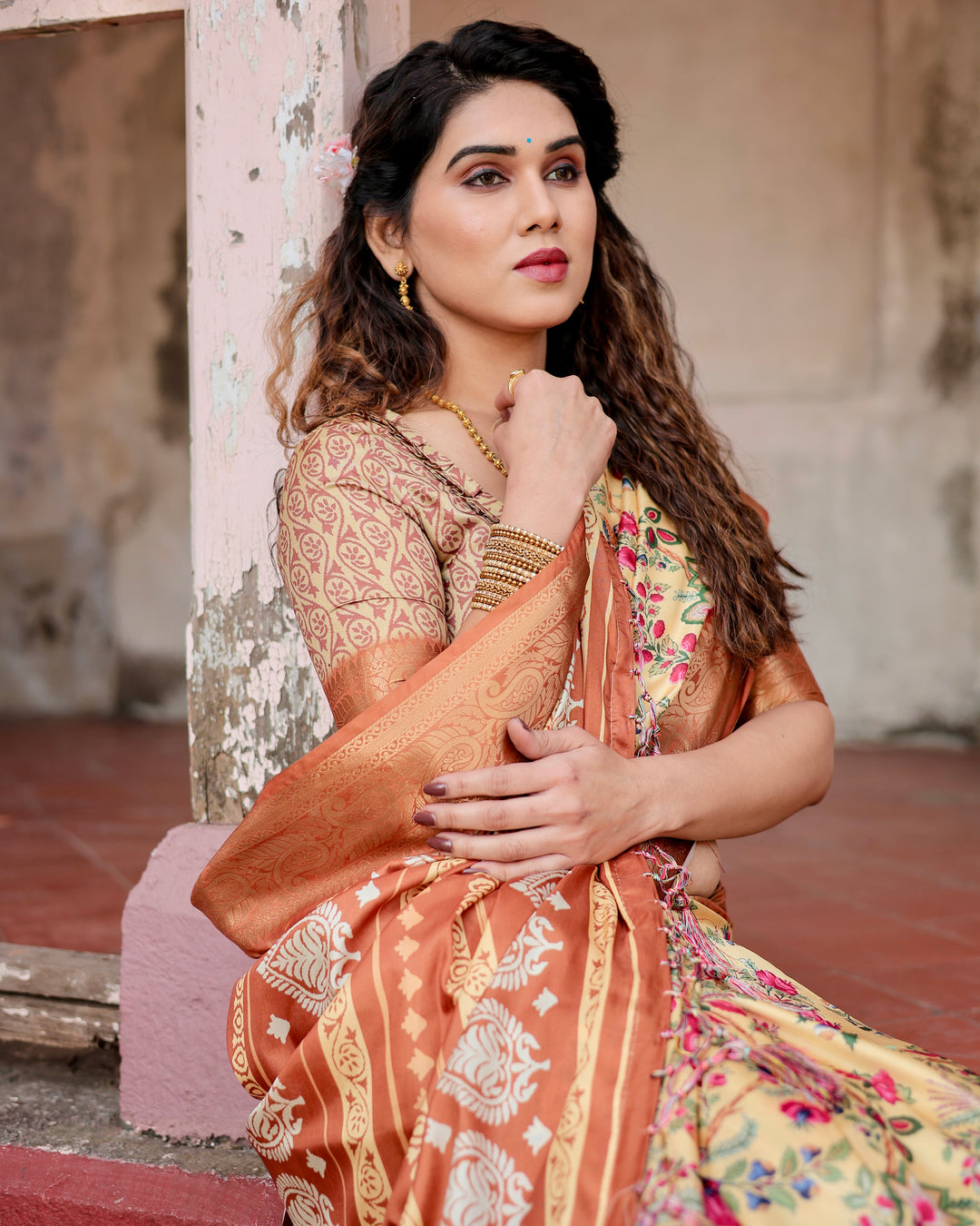 Cream Tussar Silk Saree with Floral & Bird Print, Copper Woven Border, Tassels & Attached Blouse