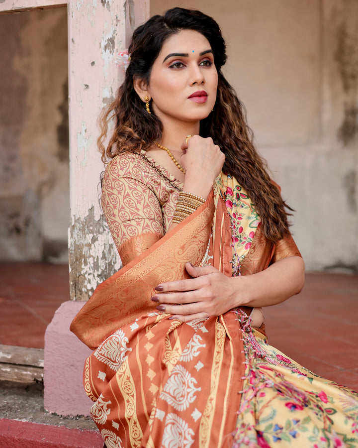 Cream Tussar Silk Saree with Floral & Bird Print, Copper Woven Border, Tassels & Attached Blouse