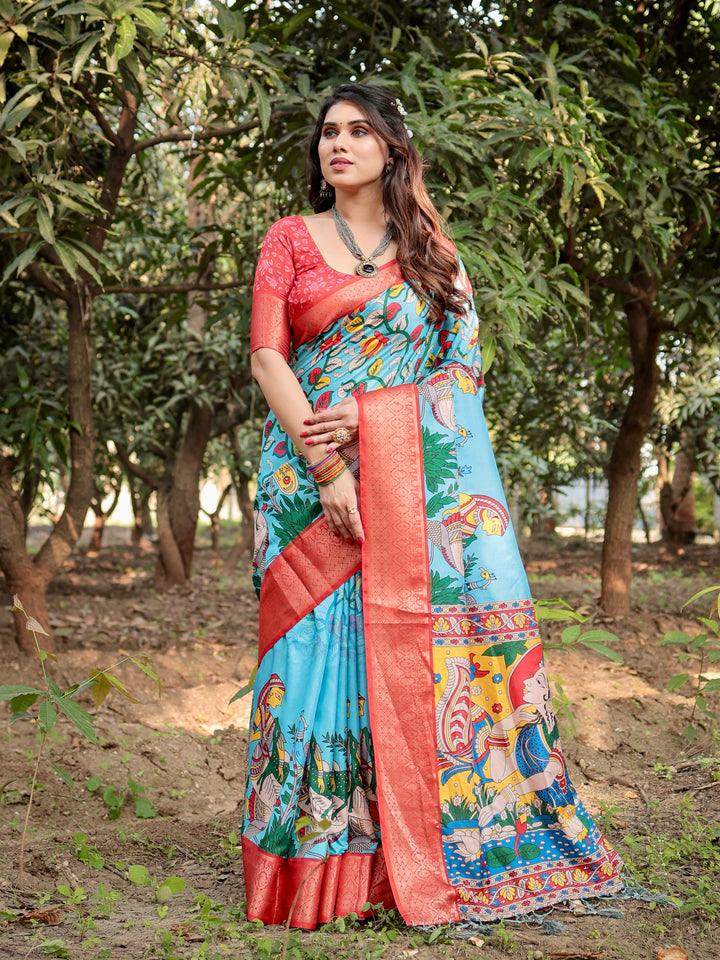 Sky Blue Tussar Silk Saree with Madhubani Folk Art Print, Coral Woven Border, Tassels & Attached Blouse
