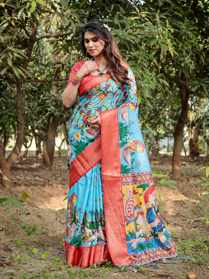 Sky Blue Tussar Silk Saree with Madhubani Folk Art Print, Coral Woven Border, Tassels & Attached Blouse