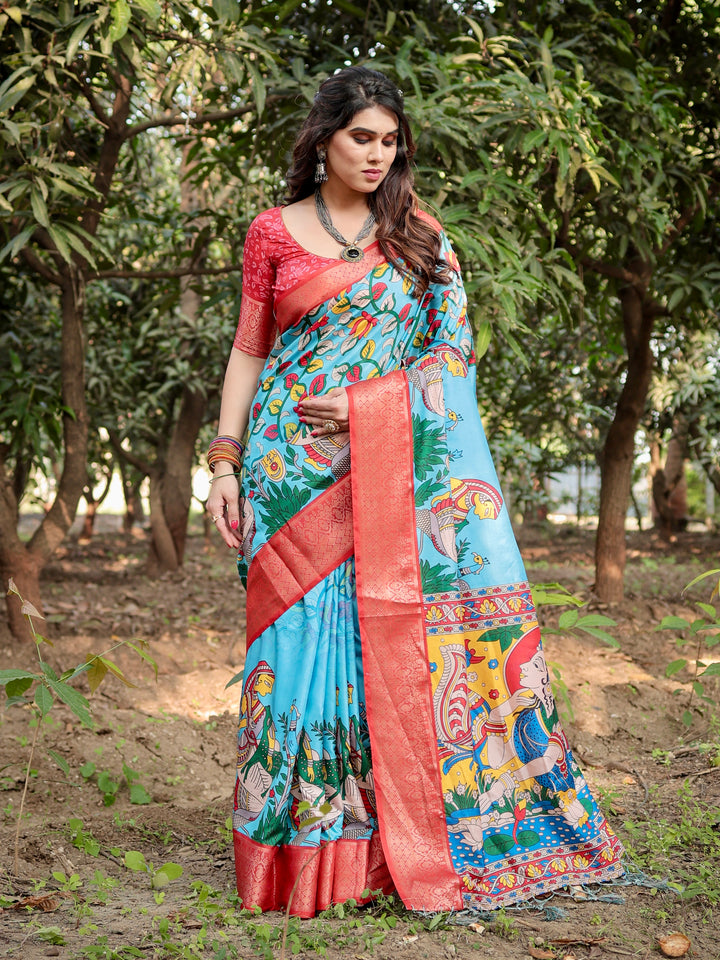 Sky Blue Tussar Silk Saree with Madhubani Folk Art Print, Coral Woven Border, Tassels & Attached Blouse