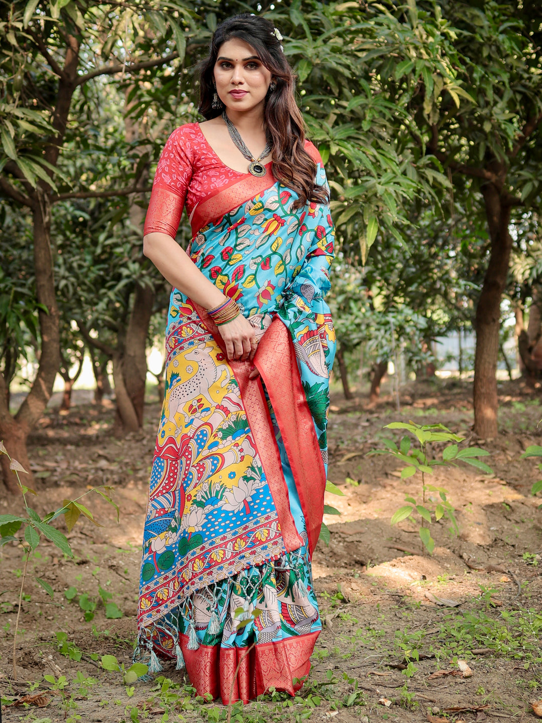 Sky Blue Tussar Silk Saree with Madhubani Folk Art Print, Coral Woven Border, Tassels & Attached Blouse