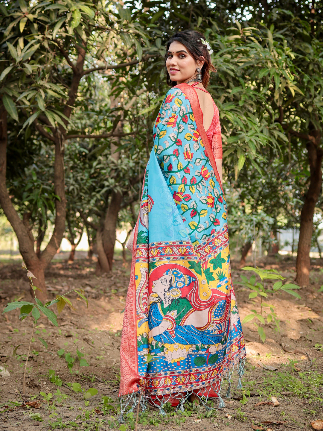 Sky Blue Tussar Silk Saree with Madhubani Folk Art Print, Coral Woven Border, Tassels & Attached Blouse
