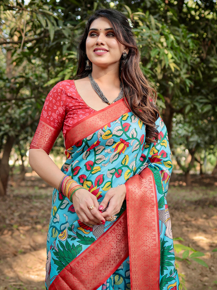 Sky Blue Tussar Silk Saree with Madhubani Folk Art Print, Coral Woven Border, Tassels & Attached Blouse