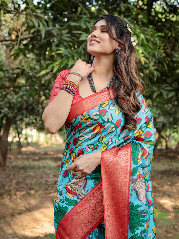 Sky Blue Tussar Silk Saree with Madhubani Folk Art Print, Coral Woven Border, Tassels & Attached Blouse