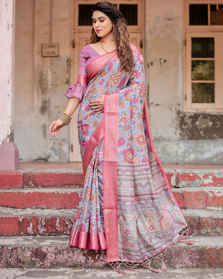Dusty Blue Tussar Silk Saree with Kalamkari Floral Print, Pink Zari Border, Statement Pallu & Tassels