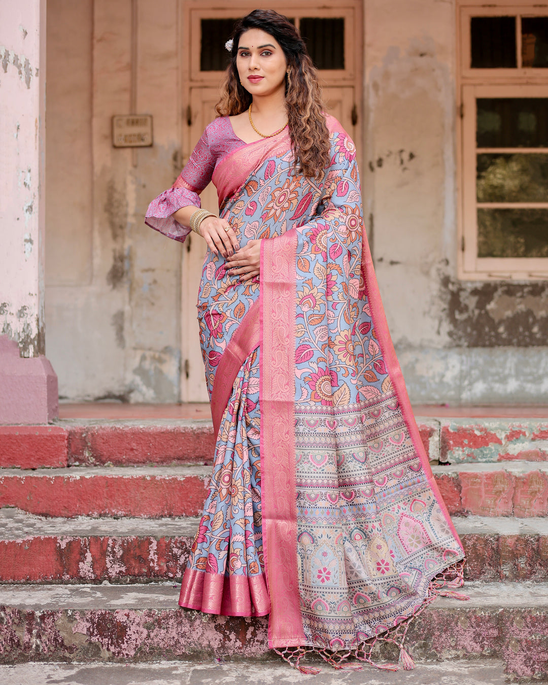 Dusty Blue Tussar Silk Saree with Kalamkari Floral Print, Pink Zari Border, Statement Pallu & Tassels