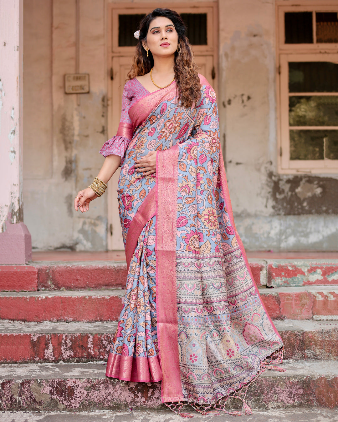 Dusty Blue Tussar Silk Saree with Kalamkari Floral Print, Pink Zari Border, Statement Pallu & Tassels