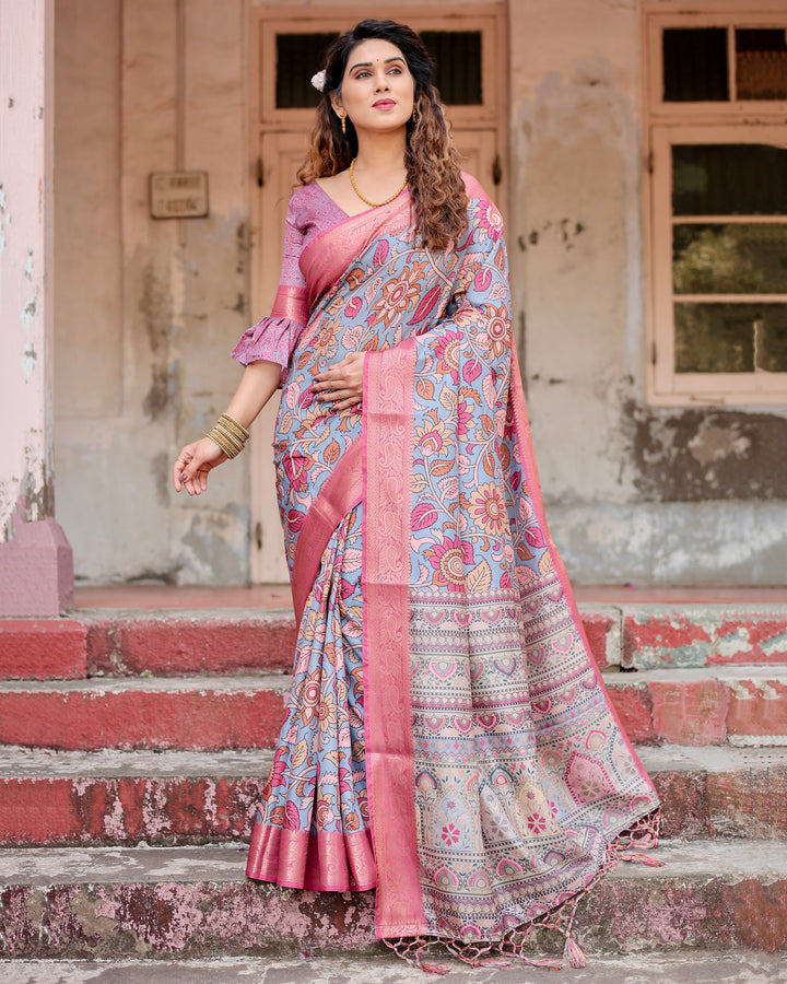 Dusty Blue Tussar Silk Saree with Kalamkari Floral Print, Pink Zari Border, Statement Pallu & Tassels