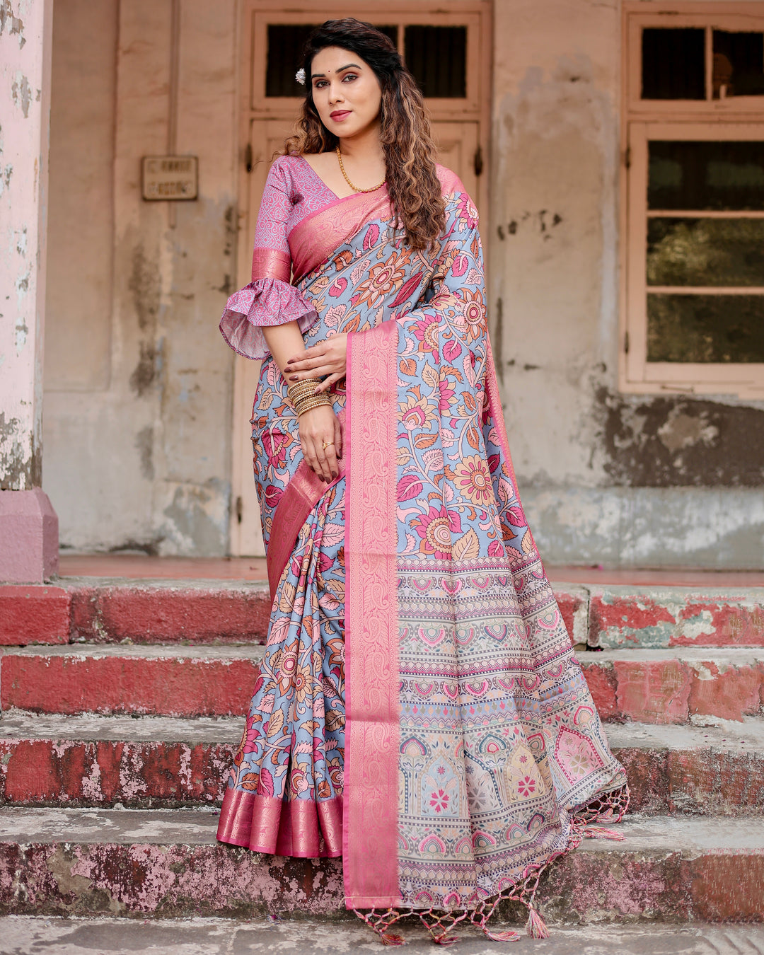 Dusty Blue Tussar Silk Saree with Kalamkari Floral Print, Pink Zari Border, Statement Pallu & Tassels