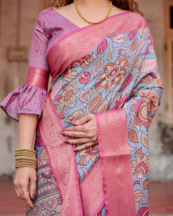 Dusty Blue Tussar Silk Saree with Kalamkari Floral Print, Pink Zari Border, Statement Pallu & Tassels