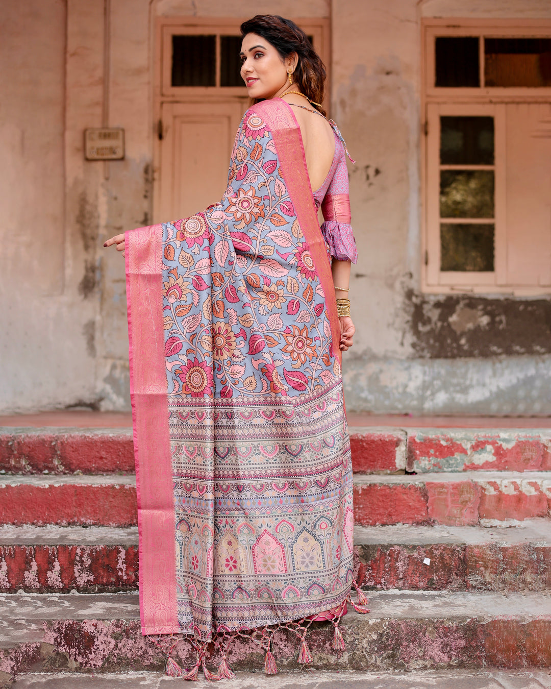 Dusty Blue Tussar Silk Saree with Kalamkari Floral Print, Pink Zari Border, Statement Pallu & Tassels