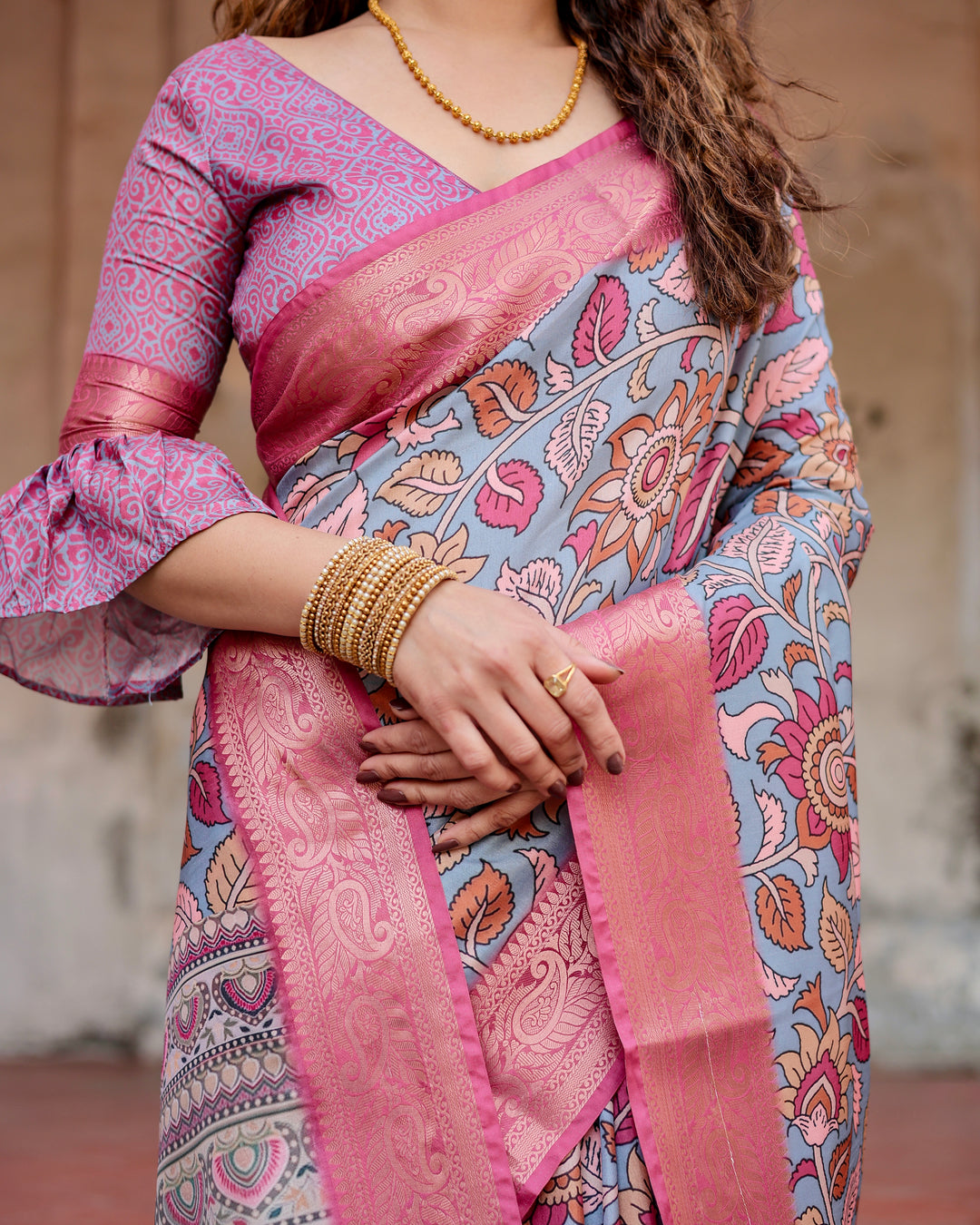 Dusty Blue Tussar Silk Saree with Kalamkari Floral Print, Pink Zari Border, Statement Pallu & Tassels