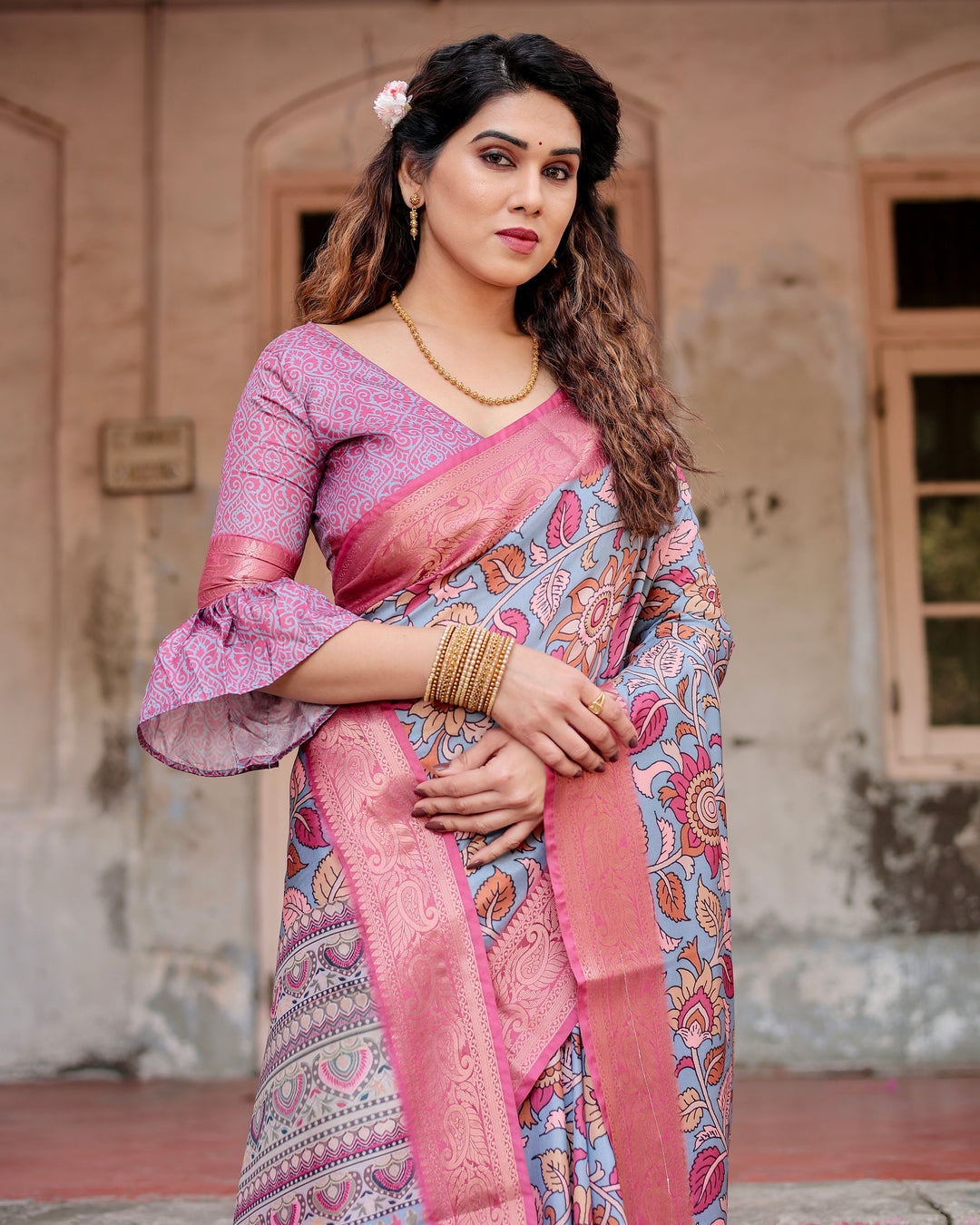 Dusty Blue Tussar Silk Saree with Kalamkari Floral Print, Pink Zari Border, Statement Pallu & Tassels