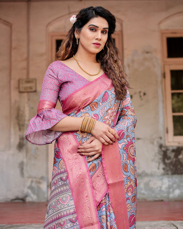 Dusty Blue Tussar Silk Saree with Kalamkari Floral Print, Pink Zari Border, Statement Pallu & Tassels