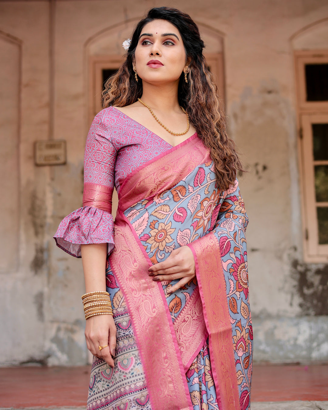 Dusty Blue Tussar Silk Saree with Kalamkari Floral Print, Pink Zari Border, Statement Pallu & Tassels