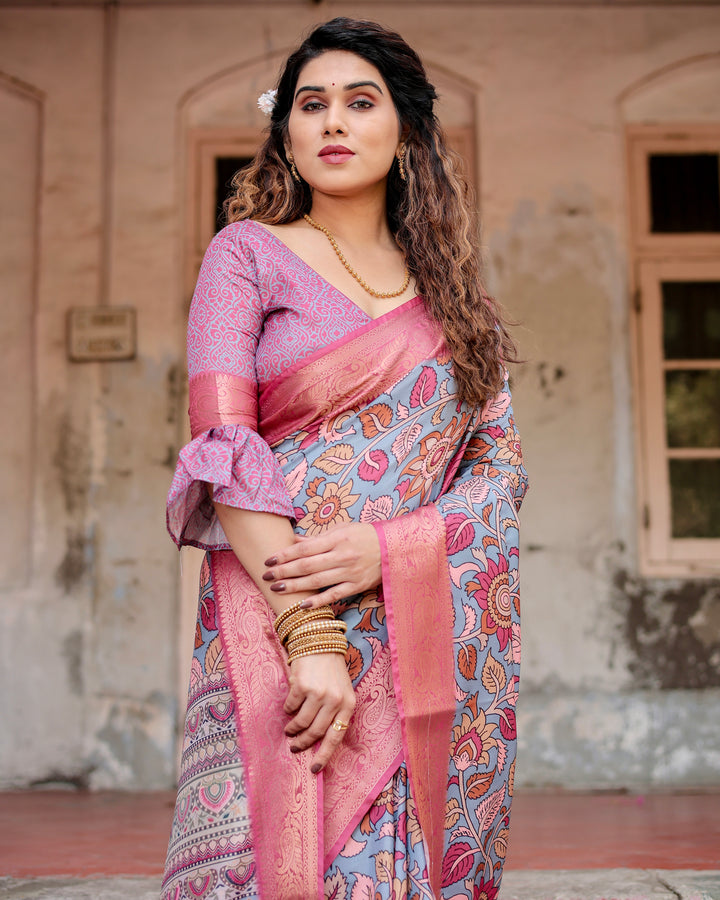 Dusty Blue Tussar Silk Saree with Kalamkari Floral Print, Pink Zari Border, Statement Pallu & Tassels