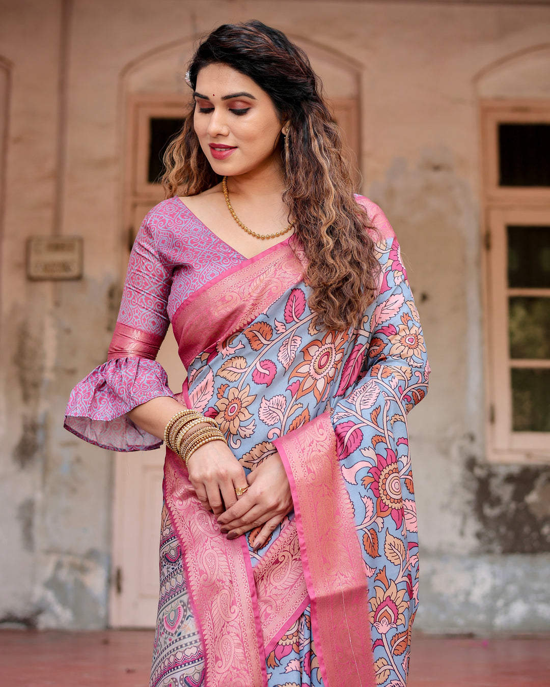 Dusty Blue Tussar Silk Saree with Kalamkari Floral Print, Pink Zari Border, Statement Pallu & Tassels