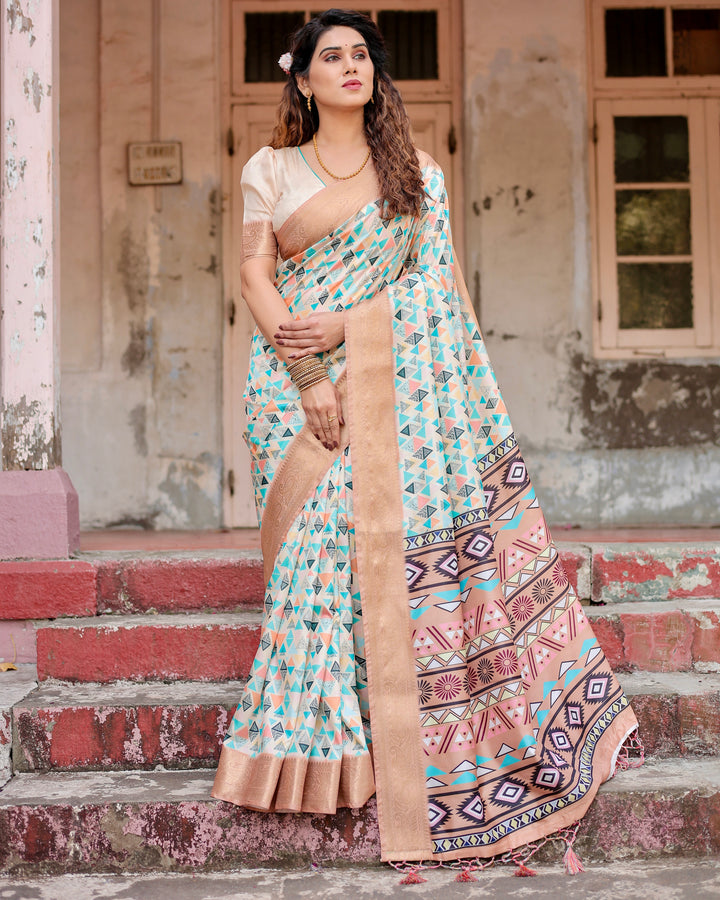 Ivory Tussar Silk Saree with Multicolour Geometric Print, Antique Gold Zari Border & Tribal Statement Pallu