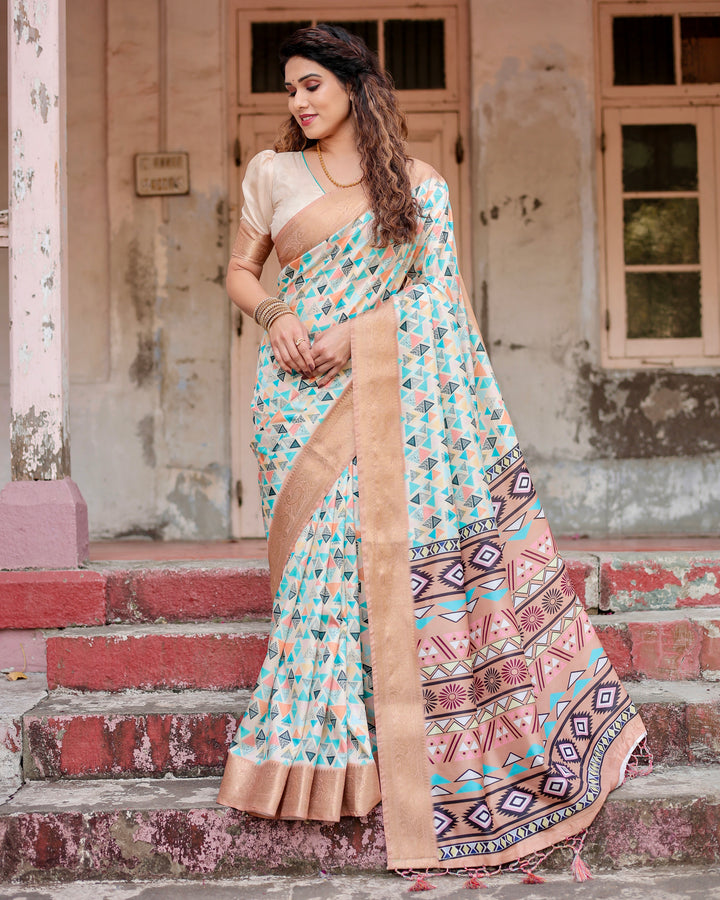 Ivory Tussar Silk Saree with Multicolour Geometric Print, Antique Gold Zari Border & Tribal Statement Pallu