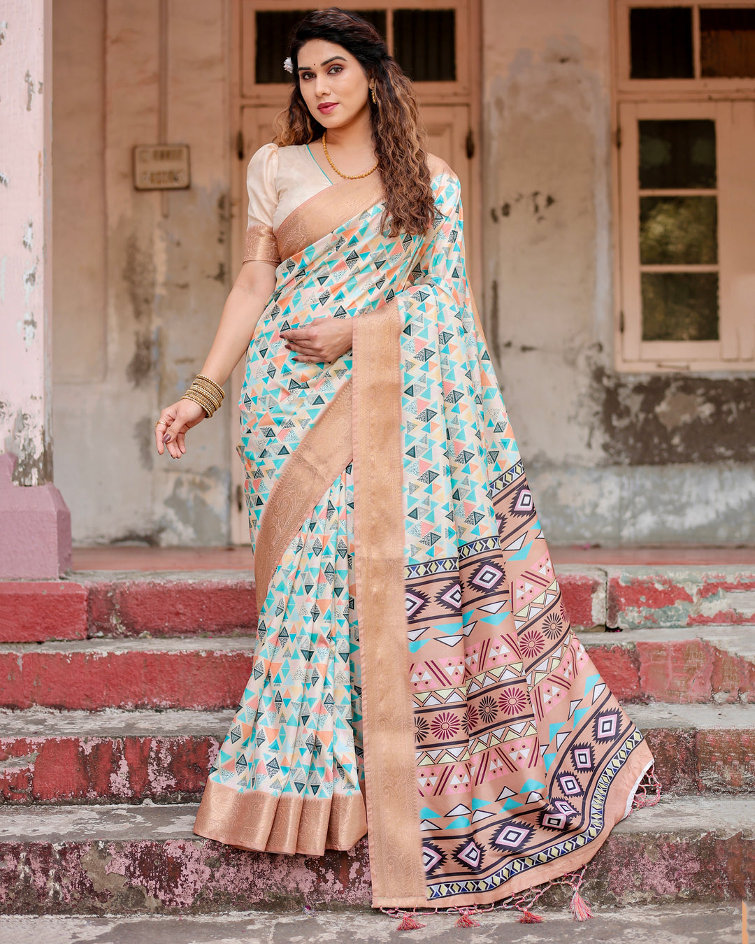 Ivory Tussar Silk Saree with Multicolour Geometric Print, Antique Gold Zari Border & Tribal Statement Pallu