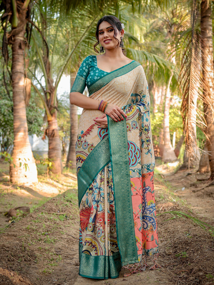 Ivory Tussar Silk Saree with Kalamkari Peacock Print, Teal Green Woven Border, Tassels & Attached Blouse