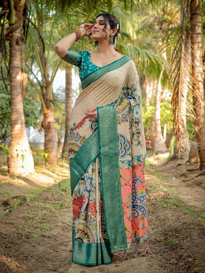 Ivory Tussar Silk Saree with Kalamkari Peacock Print, Teal Green Woven Border, Tassels & Attached Blouse