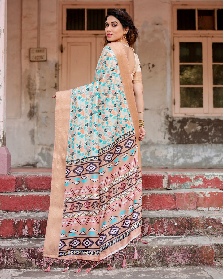 Ivory Tussar Silk Saree with Multicolour Geometric Print, Antique Gold Zari Border & Tribal Statement Pallu