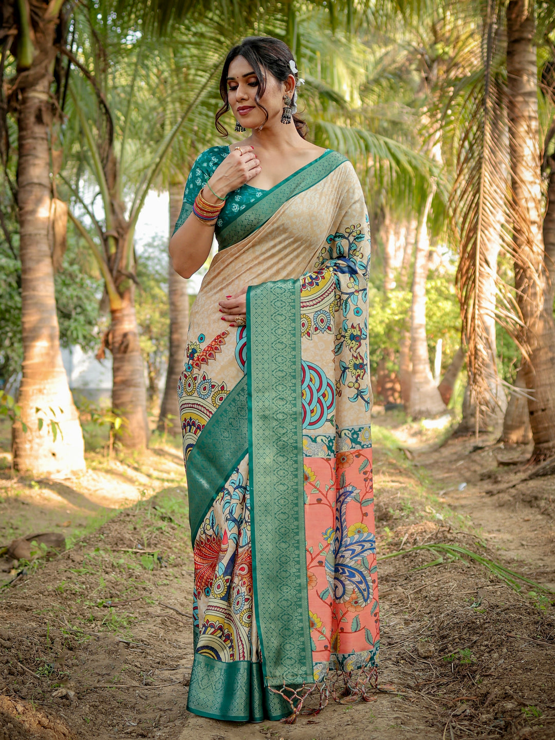 Ivory Tussar Silk Saree with Kalamkari Peacock Print, Teal Green Woven Border, Tassels & Attached Blouse