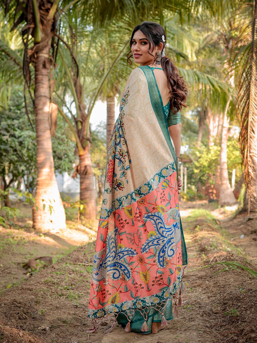 Ivory Tussar Silk Saree with Kalamkari Peacock Print, Teal Green Woven Border, Tassels & Attached Blouse