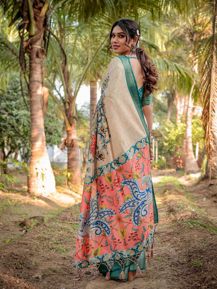 Ivory Tussar Silk Saree with Kalamkari Peacock Print, Teal Green Woven Border, Tassels & Attached Blouse