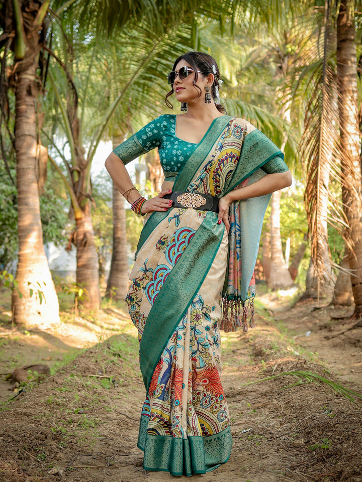 Ivory Tussar Silk Saree with Kalamkari Peacock Print, Teal Green Woven Border, Tassels & Attached Blouse
