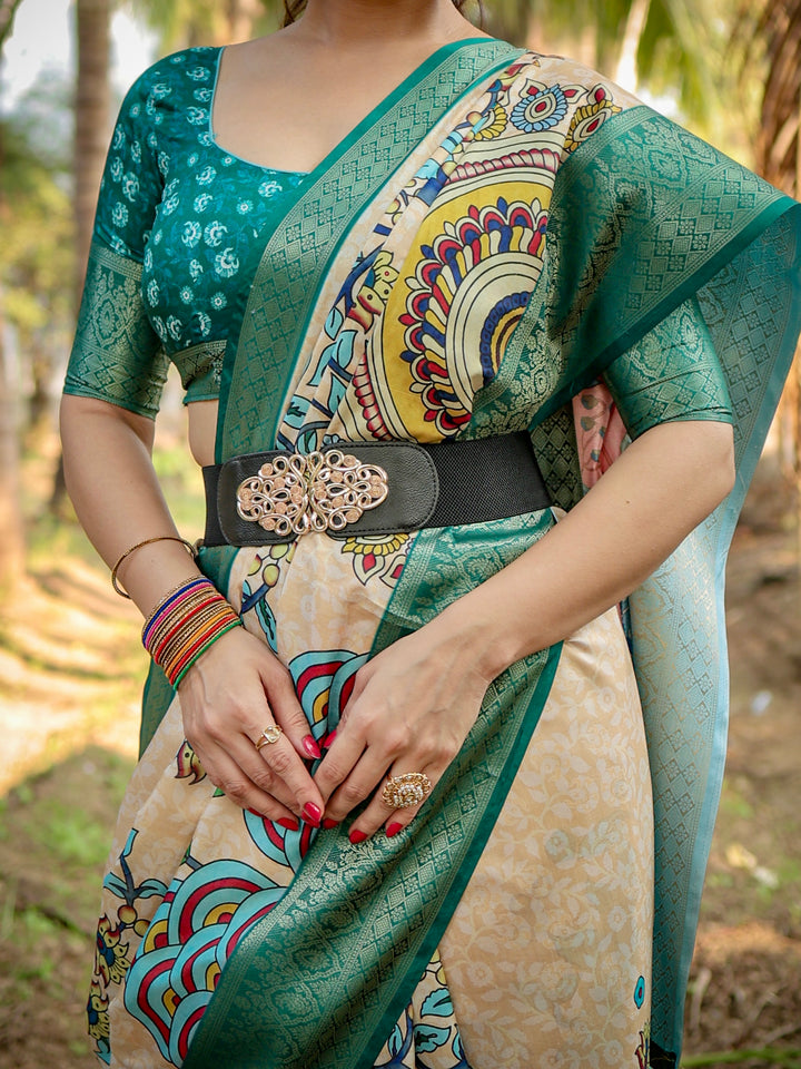 Ivory Tussar Silk Saree with Kalamkari Peacock Print, Teal Green Woven Border, Tassels & Attached Blouse