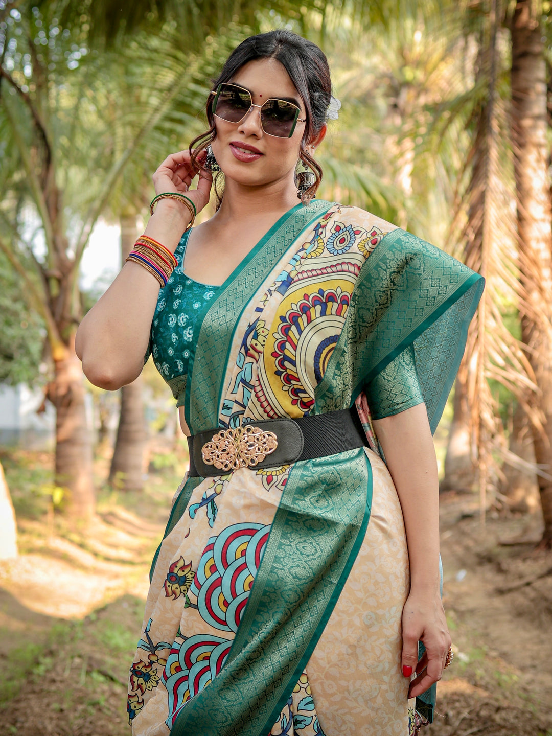 Ivory Tussar Silk Saree with Kalamkari Peacock Print, Teal Green Woven Border, Tassels & Attached Blouse