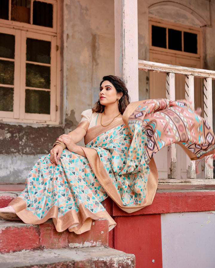 Ivory Tussar Silk Saree with Multicolour Geometric Print, Antique Gold Zari Border & Tribal Statement Pallu