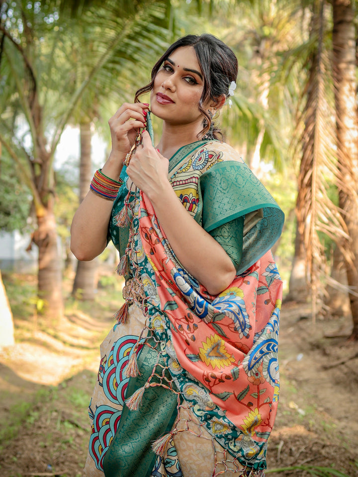 Ivory Tussar Silk Saree with Kalamkari Peacock Print, Teal Green Woven Border, Tassels & Attached Blouse
