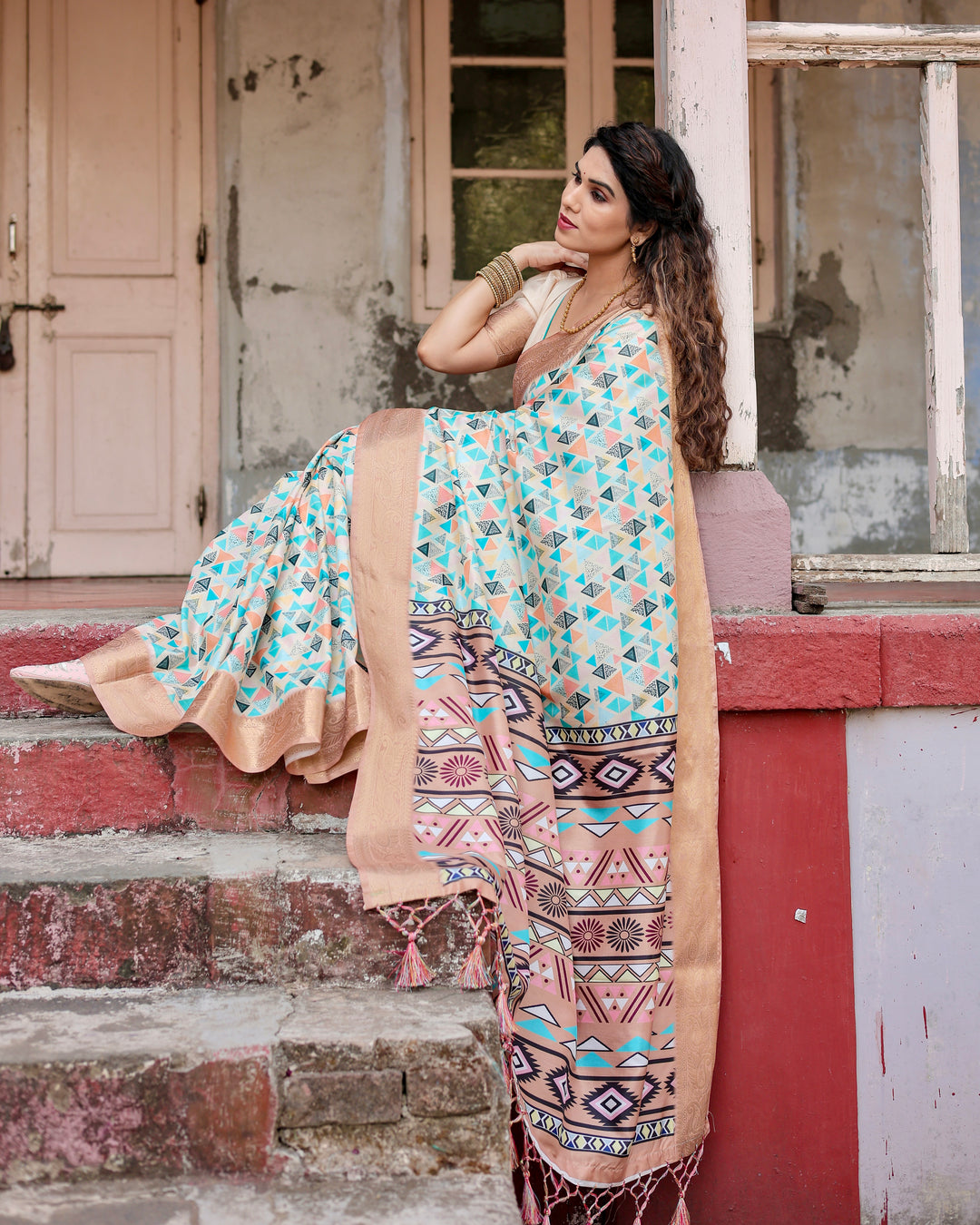 Ivory Tussar Silk Saree with Multicolour Geometric Print, Antique Gold Zari Border & Tribal Statement Pallu