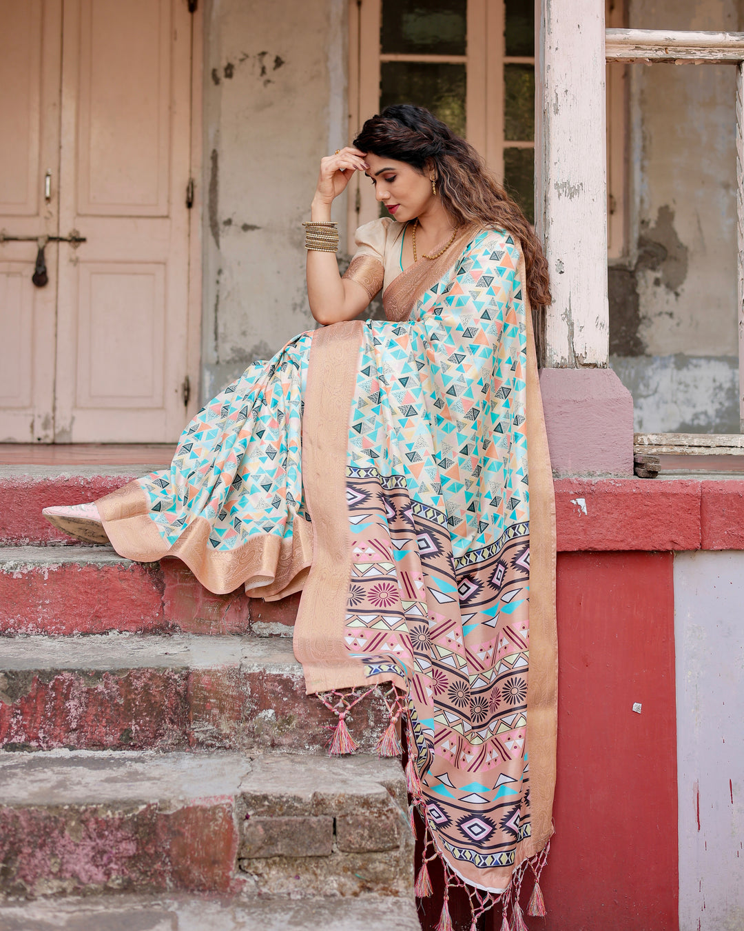 Ivory Tussar Silk Saree with Multicolour Geometric Print, Antique Gold Zari Border & Tribal Statement Pallu