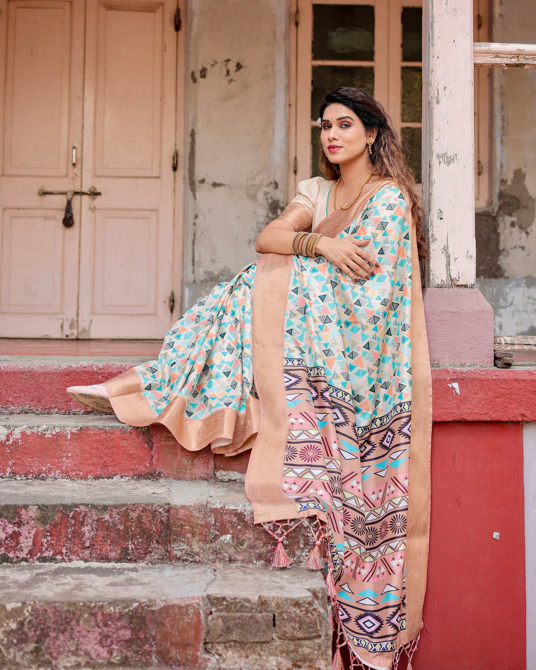 Ivory Tussar Silk Saree with Multicolour Geometric Print, Antique Gold Zari Border & Tribal Statement Pallu