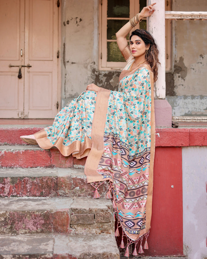 Ivory Tussar Silk Saree with Multicolour Geometric Print, Antique Gold Zari Border & Tribal Statement Pallu