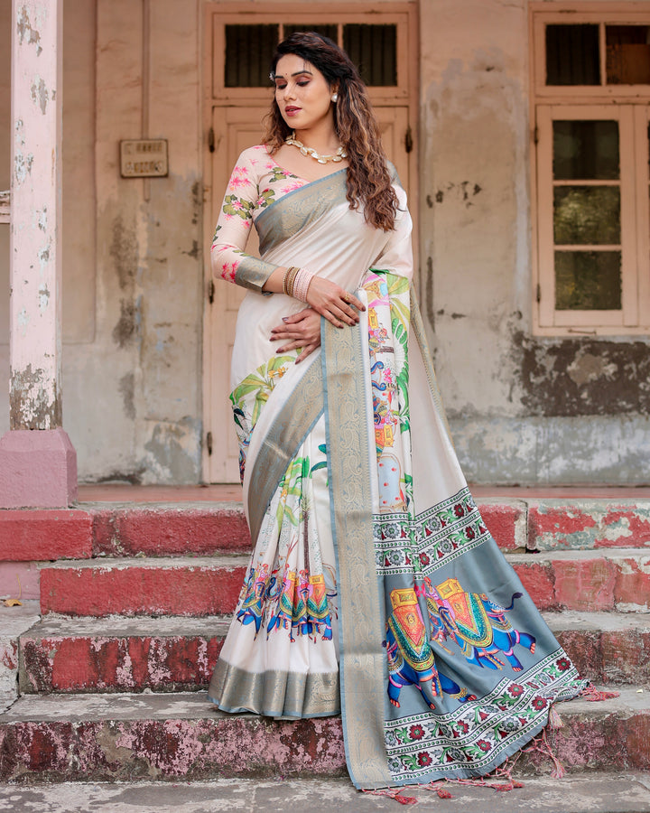 Ivory Tussar Silk Saree with Royal Elephant Print, Grey Zari Border, Statement Pallu & Tassels