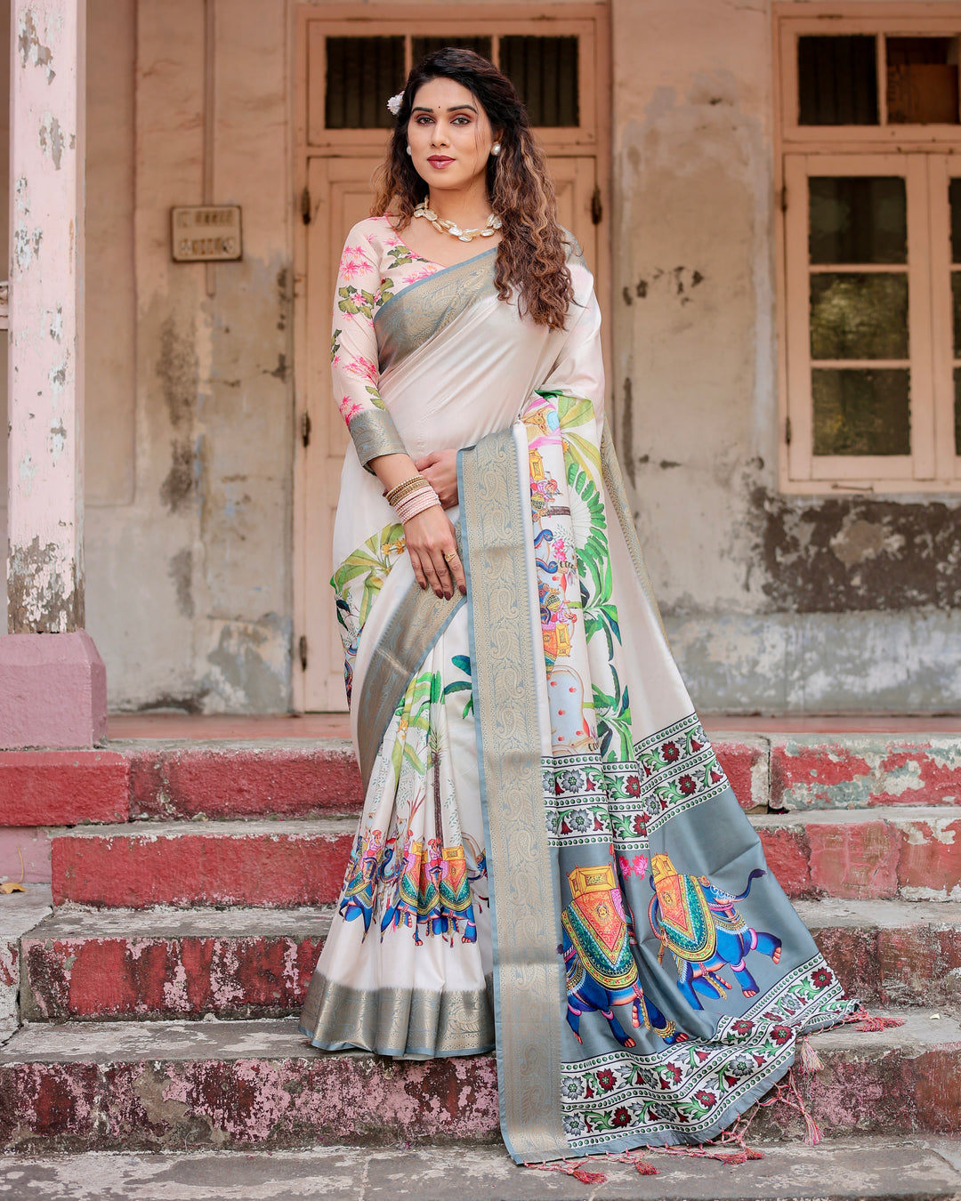 Ivory Tussar Silk Saree with Royal Elephant Print, Grey Zari Border, Statement Pallu & Tassels