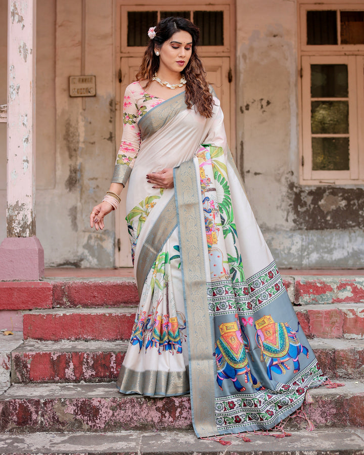 Ivory Tussar Silk Saree with Royal Elephant Print, Grey Zari Border, Statement Pallu & Tassels