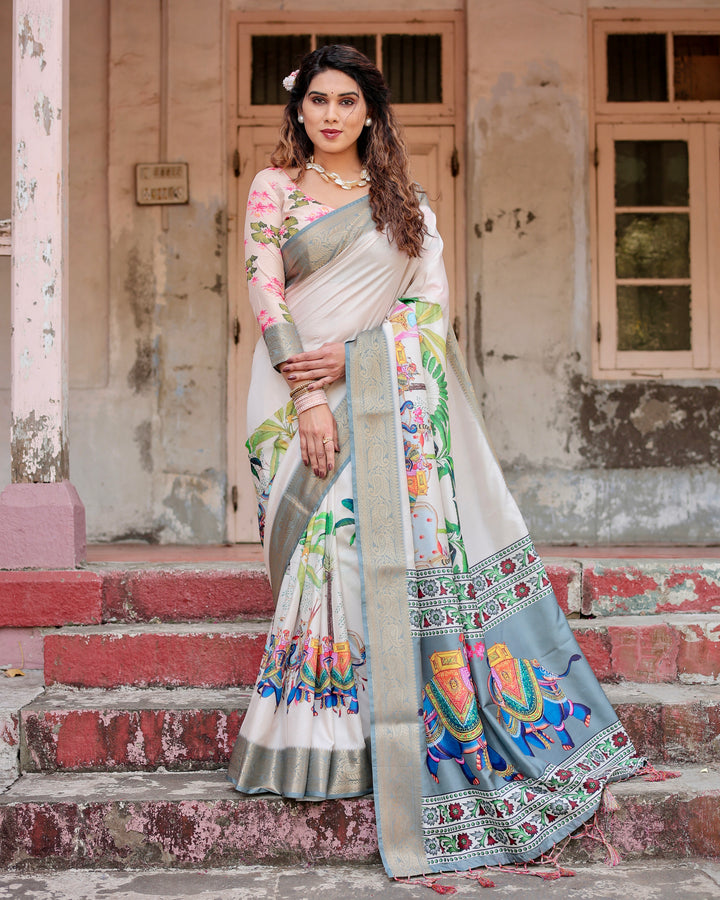 Ivory Tussar Silk Saree with Royal Elephant Print, Grey Zari Border, Statement Pallu & Tassels